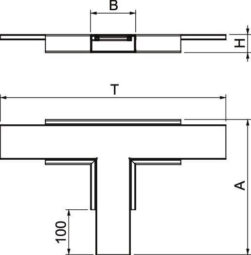 Technische Zeichnung eines T-förmigen Metallteils mit beschrifteten Abmessungen: T (Gesamtbreite), B (Breite des mittleren Abschnitts), H (Höhe), und A (Höhe des vertikalen Abschnitts).