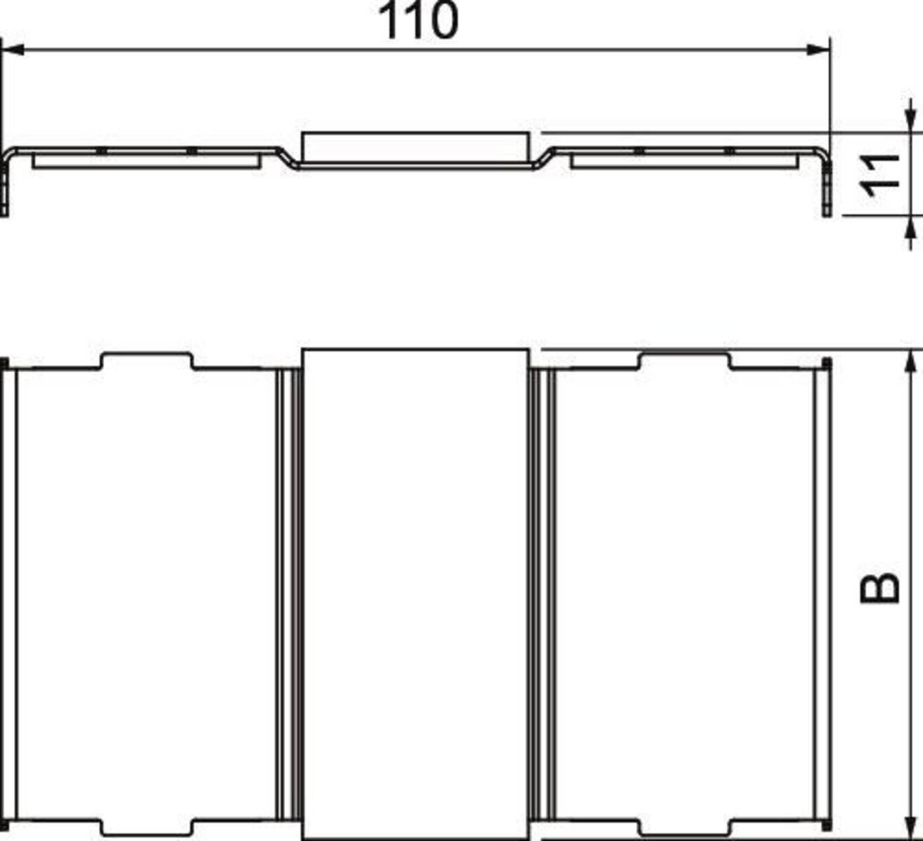 Technische Zeichnung eines Dachpaneel-Profils. Sie zeigt Querschnittsmessungen und hebt eine Breite von 110 mm sowie spezifische Kantenformen hervor.