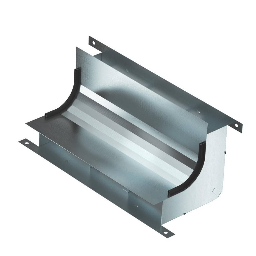 Eine graue Metallkabelrinne mit gebogener Konstruktion und seitlichen Flanschen, die zur Führung und Unterstützung von elektrischen Kabeln in Gebäuden verwendet wird.