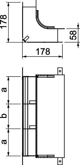 Technische Zeichnung einer mechanischen Komponente. Abmessungen: Breite beträgt 178 Einheiten, mit markierten vertikalen Abständen 'a' und 'b'.