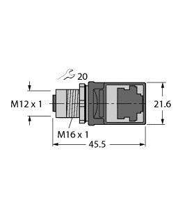 Diagramm eines Verbinders mit Abmessungen: 45,5 Breite, 21,6 Höhe, mit M12 x 1 und M16 x 1 Außengewinde-Abschnitten, nummerierte Bauteile.