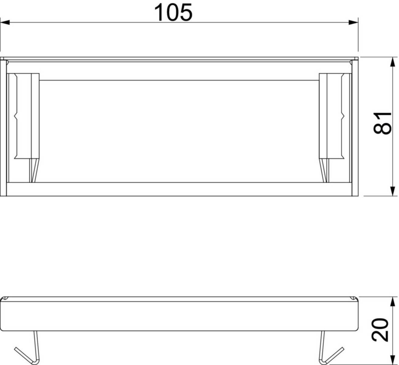 Technische Zeichnung einer Bank. Die Draufsicht zeigt, dass die Bank 105 Einheiten lang ist, während die Seitenansicht eine Höhe von 81 Einheiten und eine Beinhöhe von 20 Einheiten aufweist.
