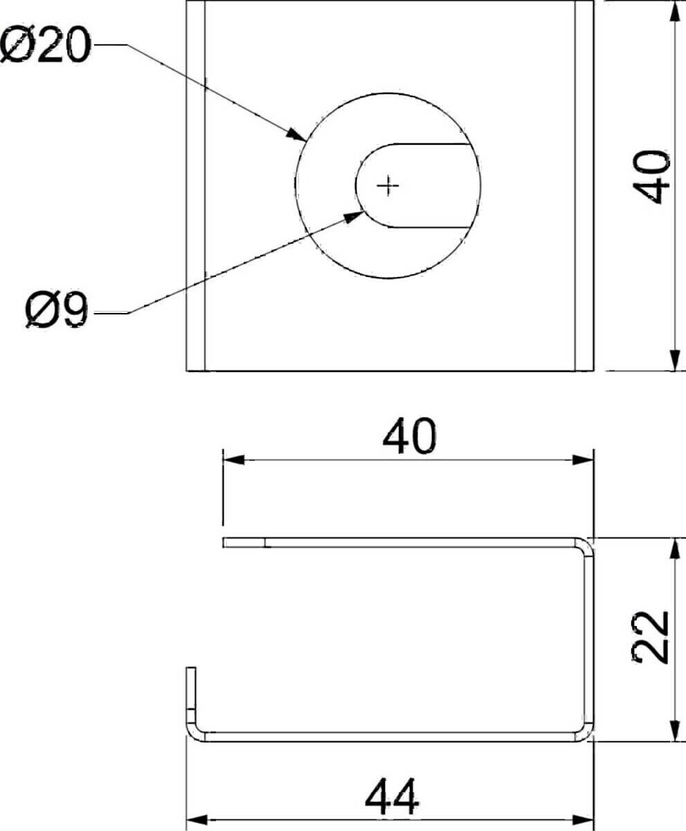 Technische Zeichnung eines Metallhalters. Ansichten von oben und der Seite zeigen Abmessungen: 40 Millimeter breit und 40 Millimeter hoch, mit einem 9 Millimeter großen Loch.