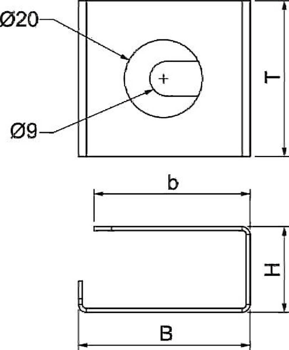 Technische Zeichnung eines U-förmigen Halters mit den Abmessungen b, H und T. Durchmesser ø9 ist für ein zentrales Kreisloch markiert.
