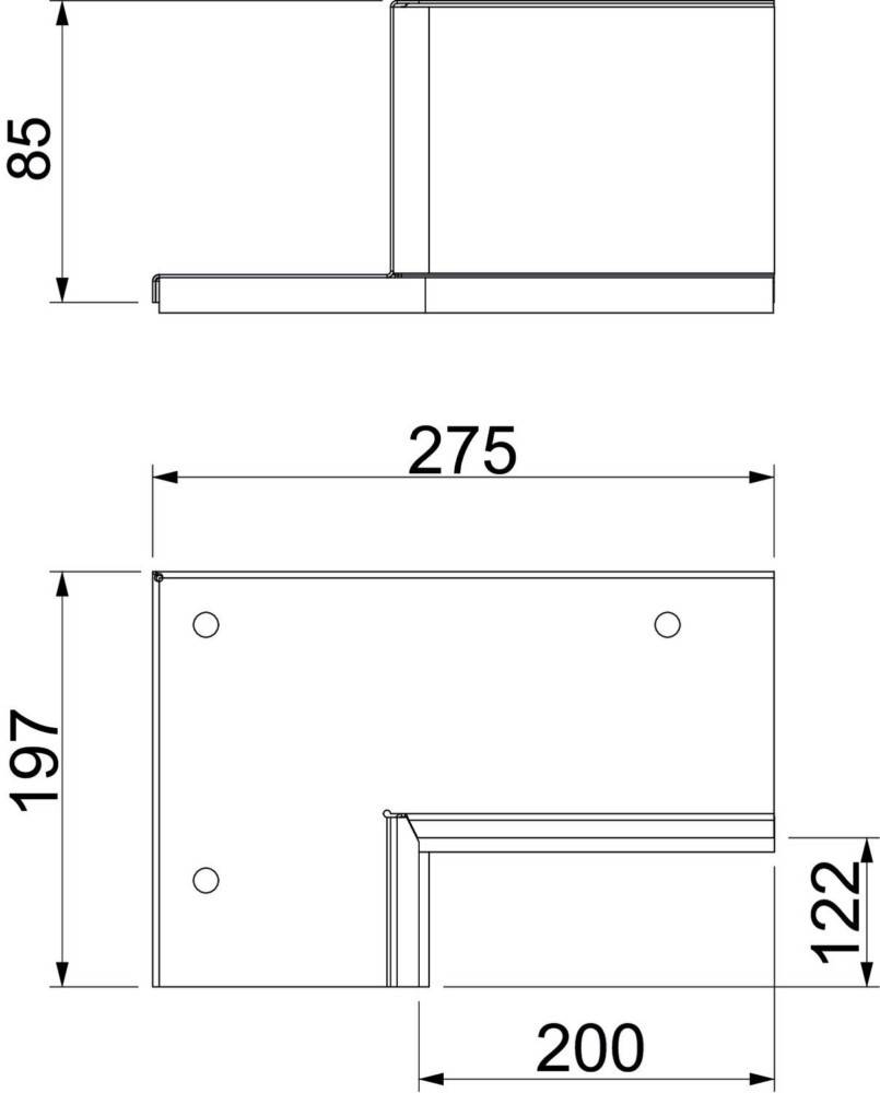 Technische Zeichnung eines L-förmigen Winkelblechs mit Maßen: Länge 275 mm, Höhe 197 mm, Breite 85 mm. Zwei Löcher sind an der längeren Seite sichtbar.