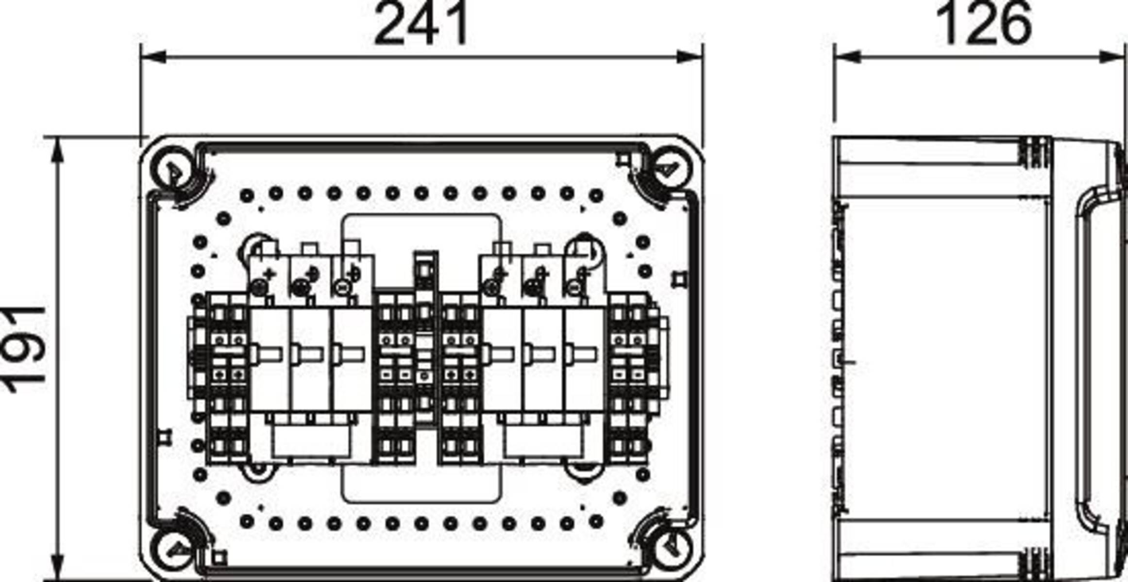 Technische Zeichnung eines elektrischen Geräts, Abmessungen mit 241 beschriftet, die innere Komponenten in einer rechteckigen Anordnung zeigt.