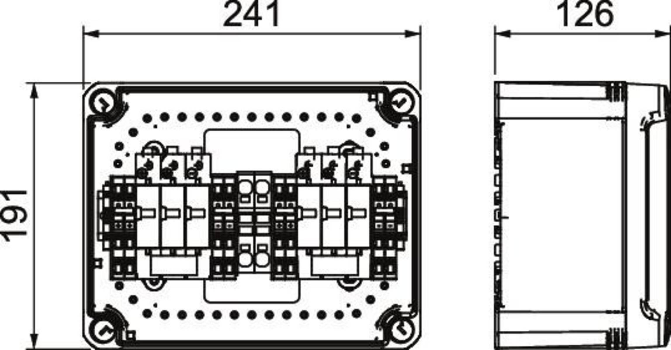 Technische Zeichnung eines Geräts mit Darstellung der Innenkomponenten mit Maßangaben, oben mit '241' gekennzeichnet, zur Angabe der Dimensionen.