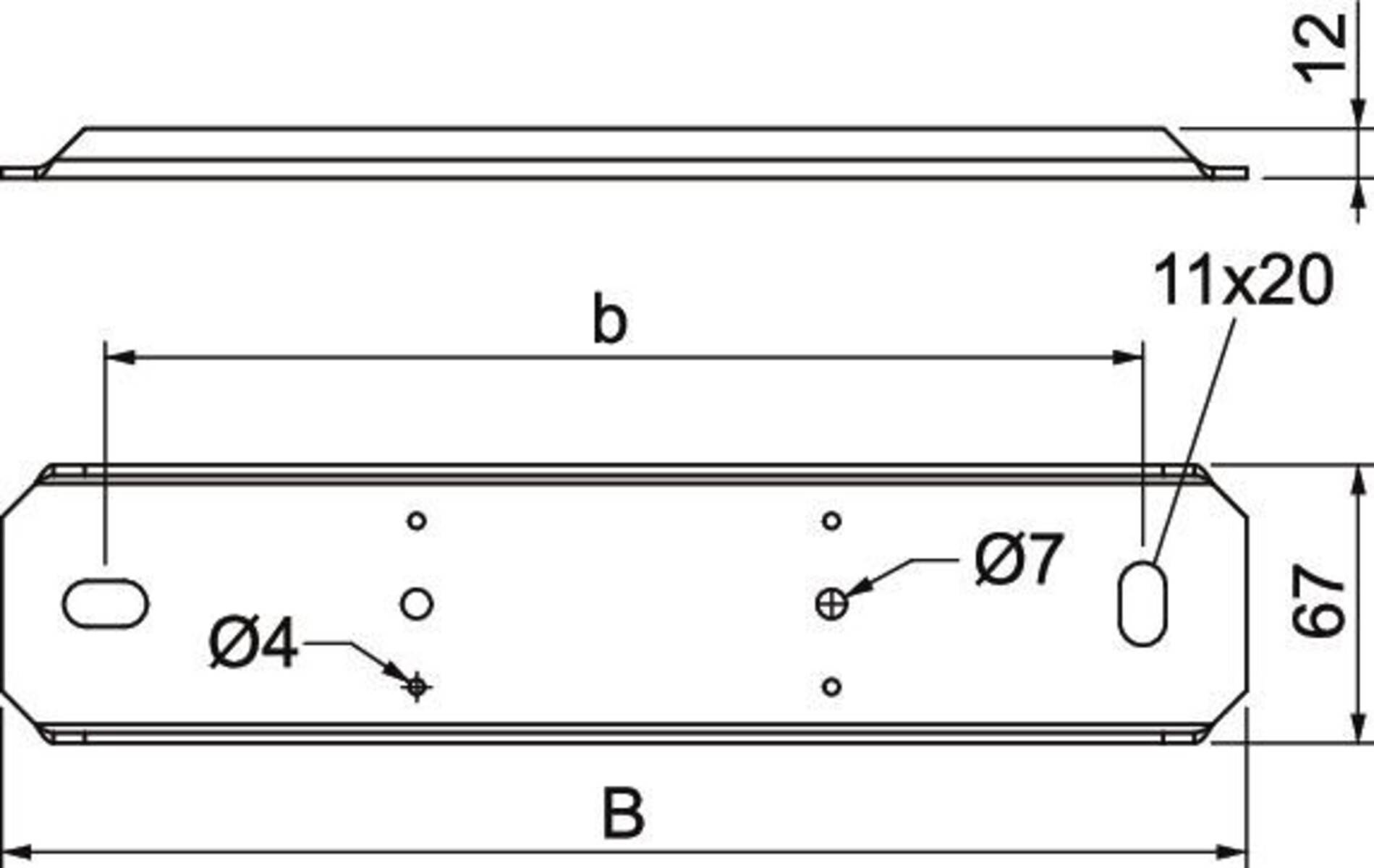 Technische Zeichnung, die einen mit 'B' beschrifteten Abschnitt zeigt, mit mehreren horizontalen Linien, Kreisen und beschrifteten Maßen 'b' und 'Ø7'.