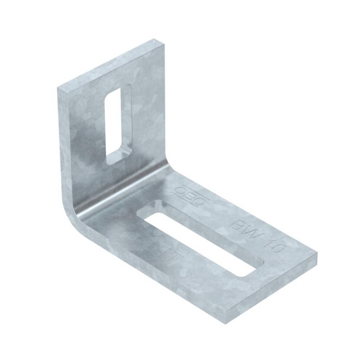 Eine Metallwinkelhalterung mit Langlöchern, die zum Verbinden von Strukturen in einem rechten Winkel verwendet wird. Aus verzinktem Stahl gefertigt, mit der Markierung 'BW-10'.