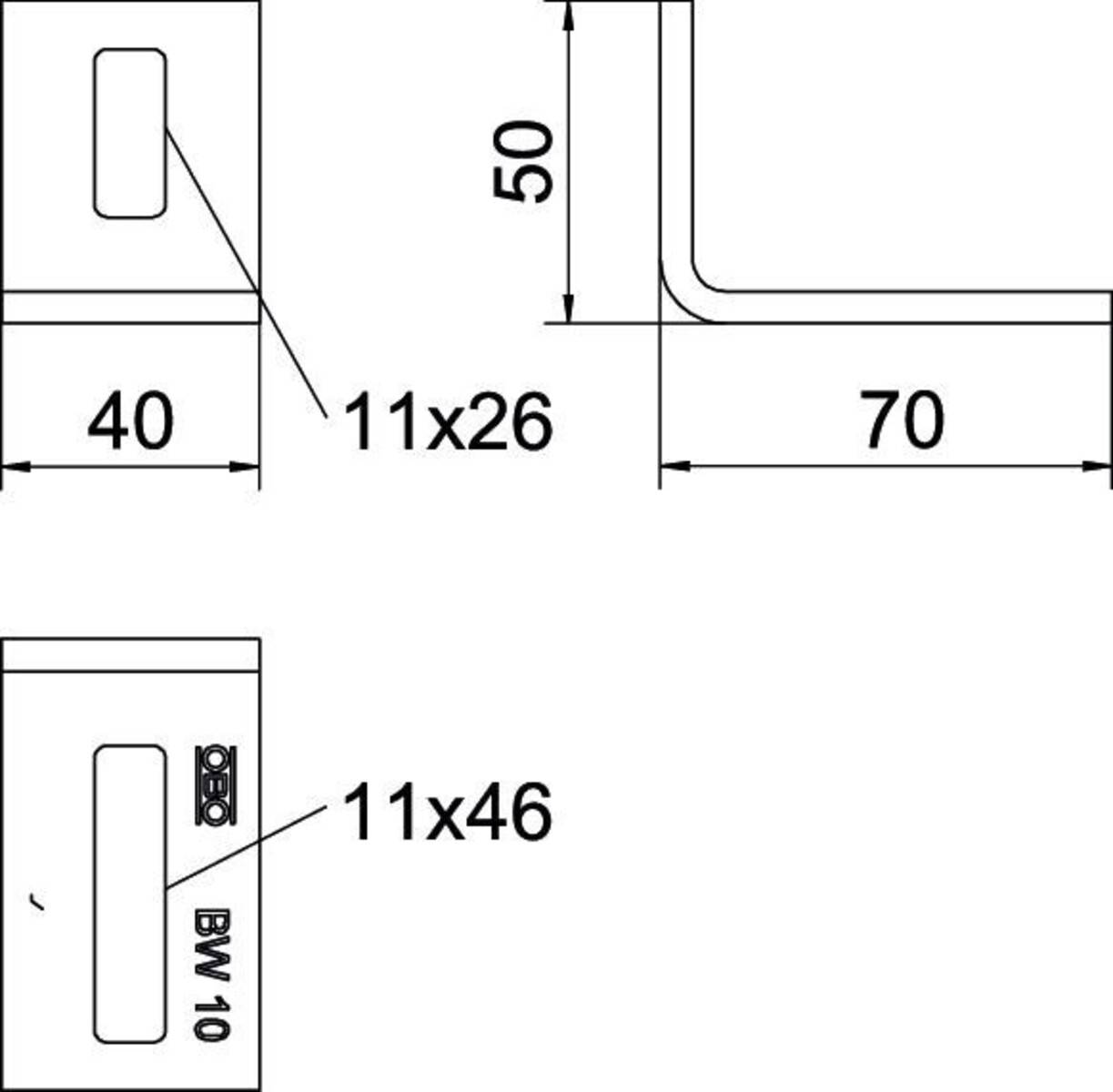 Technische Zeichnung eines Metallhalters mit Abmessungen: Draufsicht zeigt eine Breite von 40 mm und eine Länge von 70 mm; Seitenansicht gibt eine Höhe von 50 mm an.