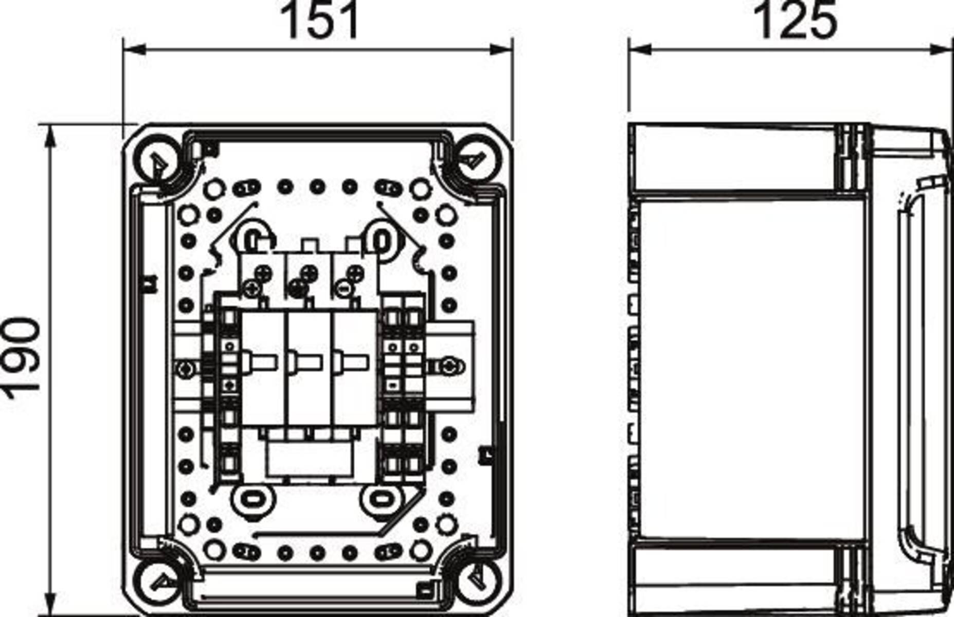 Eine technische Zeichnung, die die Drauf- und Seitenansicht einer quadratischen Elektrotafel zeigt, mit Abmessungen, die mit 151 Einheiten Breite gekennzeichnet sind.