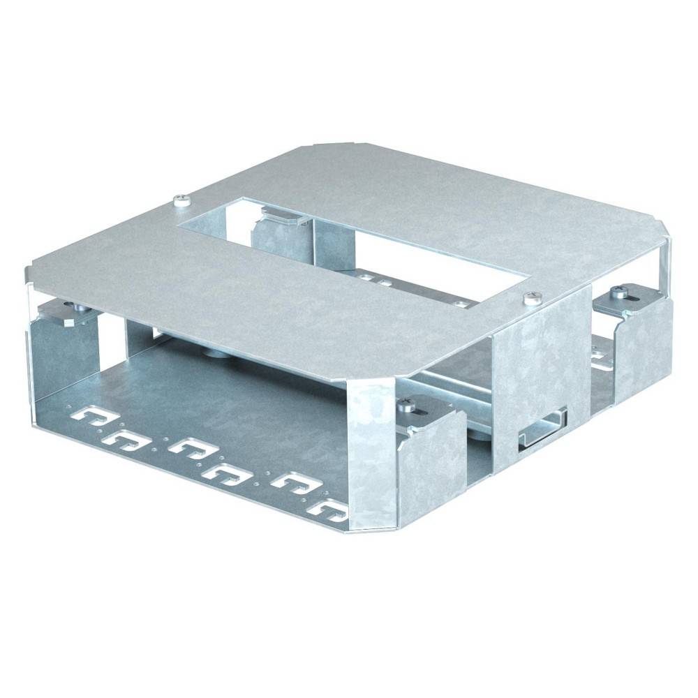 Eine quadratische Metallhalterung mit offenen Seiten und Befestigungslöchern am unteren Ende, die zur Installation oder Befestigung von elektrischen Komponenten verwendet wird.