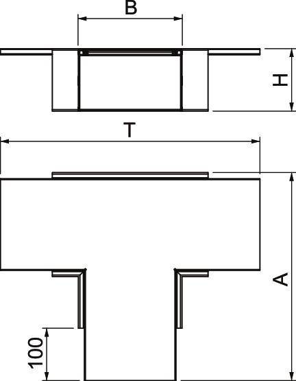 T-förmiges Diagramm mit beschrifteten Abmessungen: 'T' für Breite oben, 'A' für vertikale Höhe und 'H' für Breite des horizontalen Abschnitts.