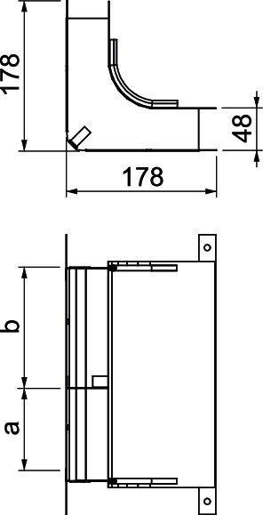 Technische Zeichnung eines Geräts mit Abmessungen. Horizontale Länge beträgt 178 Einheiten. Bemerkenswerte Merkmale umfassen verschiedene geometrische Formen.