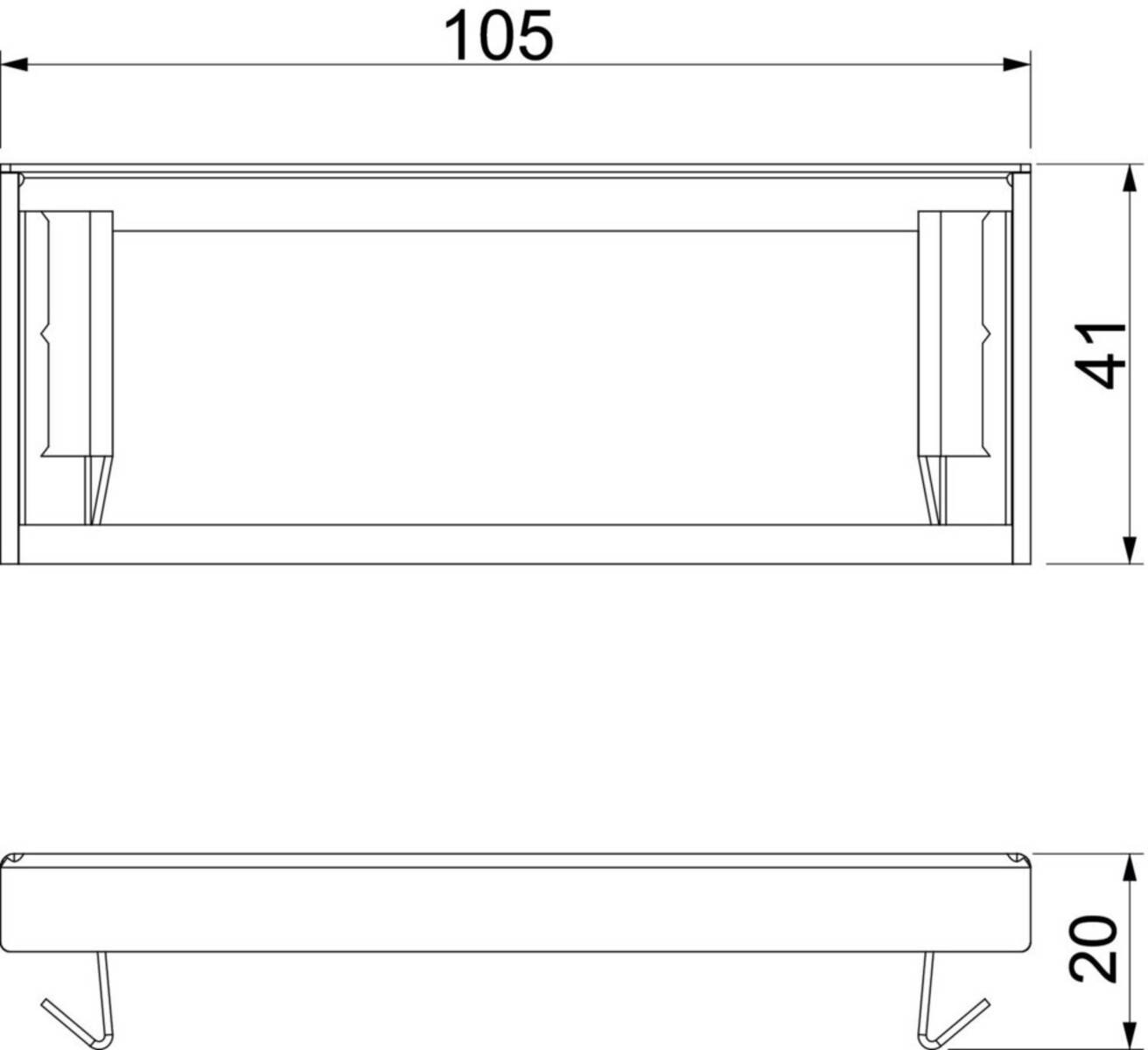 Technische Zeichnung eines rechteckigen Tisches mit Abmessungen: Länge 105 cm, Höhe 44 cm und Breite 20 cm. Seiten- und Frontansicht dargestellt.