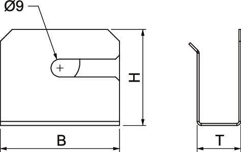 Technische Zeichnung einer mechanischen Komponente mit Querschnittsdarstellung, wobei die Abmessungen als 'H' für Höhe und 'B' für Breite gekennzeichnet sind.