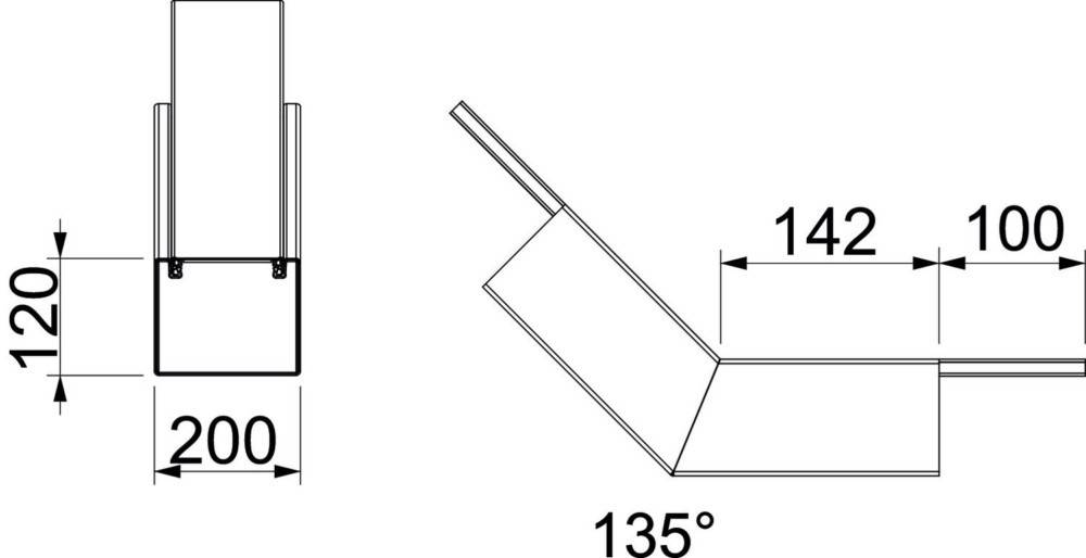 Diagramm, das eine gewinkelte Struktur zeigt, die einen 135°-Winkel bildet, mit Beschriftungen, die eine Dimension von 140 anzeigen. Die Hauptteile sind mit klaren Linien dargestellt.