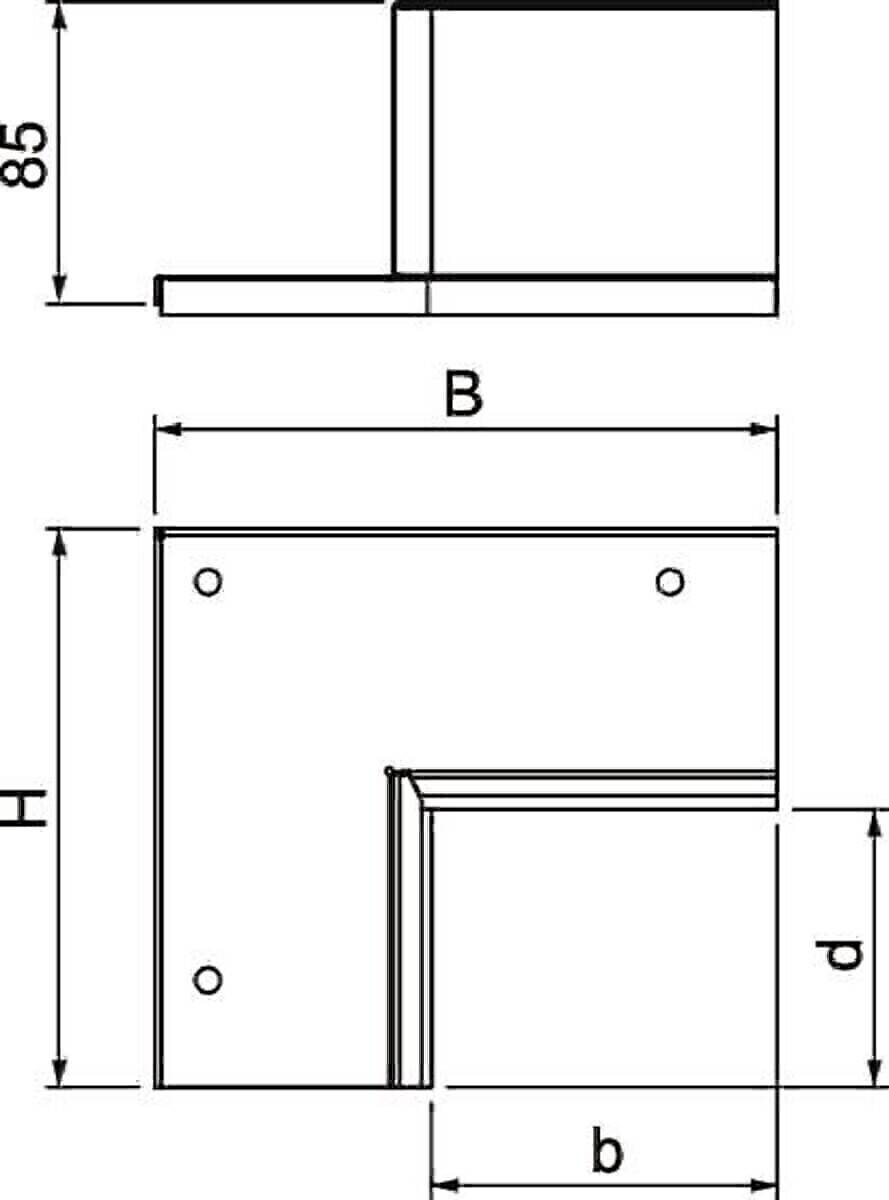 Technische Zeichnung eines L-förmigen Halters mit beschrifteten Maßen 'B', 'H', '8' und 'd'; Löcher sind auf der Oberfläche dargestellt.