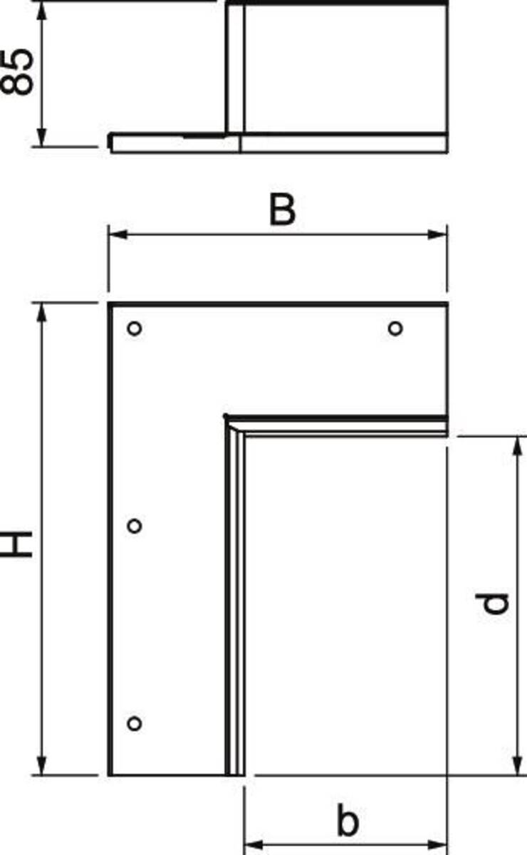 L-förmige Metallhalterung mit beschrifteten Dimensionen B und H, die die Platzierung von vier Schraubenöffnungen an den Ecken zeigt.