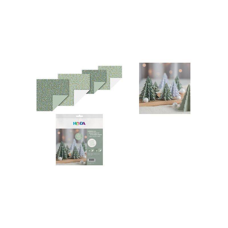 Winterlich-fröhliches Motivpapier-Set mit Winterszenen-Design, inklusive Miniatur-Bäumen, die mit Schnee bedeckt sind, vor einer verschneiten Feldlandschaft.