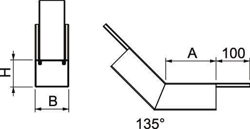Seitenansicht-Diagramm eines Scharniergelenks, das einen 135-Grad-Winkel zwischen zwei Teilen zeigt und den Bewegungs- oder Positionierungsbereich angibt.