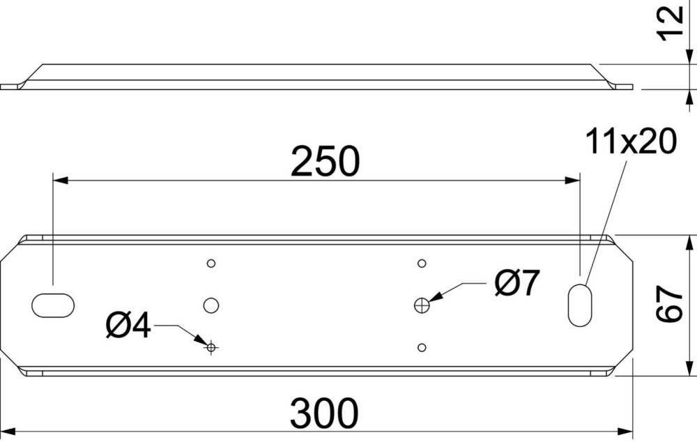 Technische Zeichnung zeigt eine Komponente mit einer Reihe von Kreisen; einer ist mit 'Ø7' gekennzeichnet, ein anderer mit 'Ø6,4'. Maßangaben umfassen '250' und '300'.