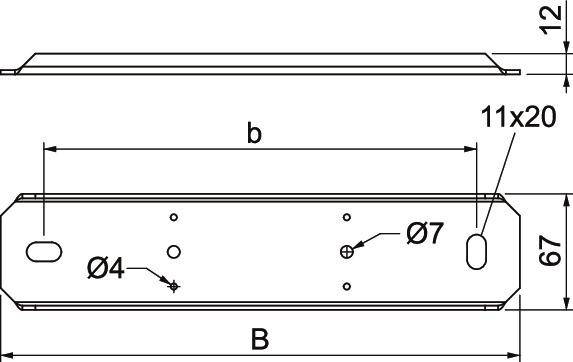 Technische Zeichnung mit einem rechteckigen Bauteil, bezeichnet als 'B', mit mehreren Kreisen, Maßangaben 'b', 'Ø7' und 'Ø4'.