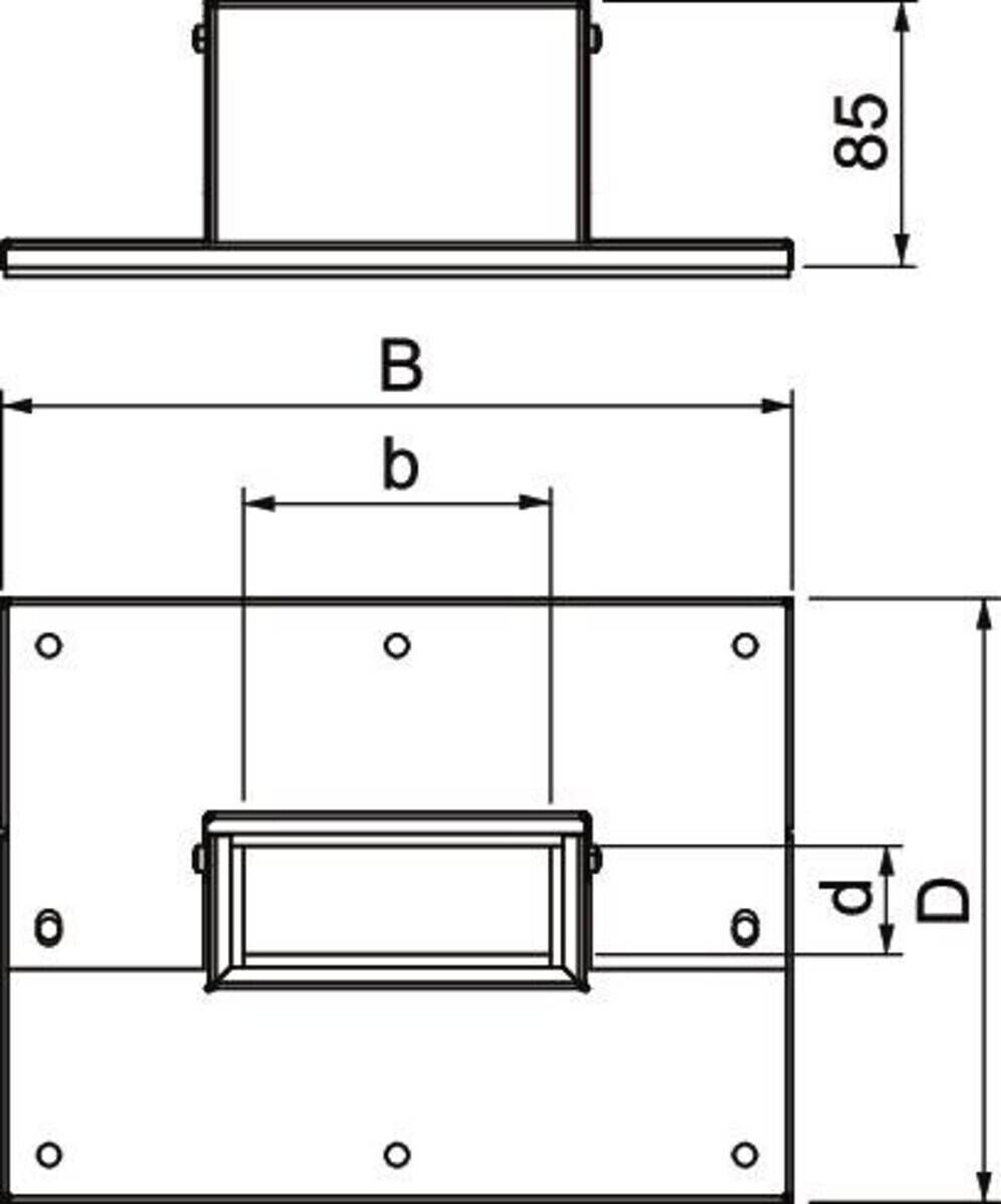Technische Zeichnung zur Darstellung der Abmessungen einer rechteckigen Montageplatte mit zentraler Aussparung. Beschriftete Maße: D, b, B, d, 85.