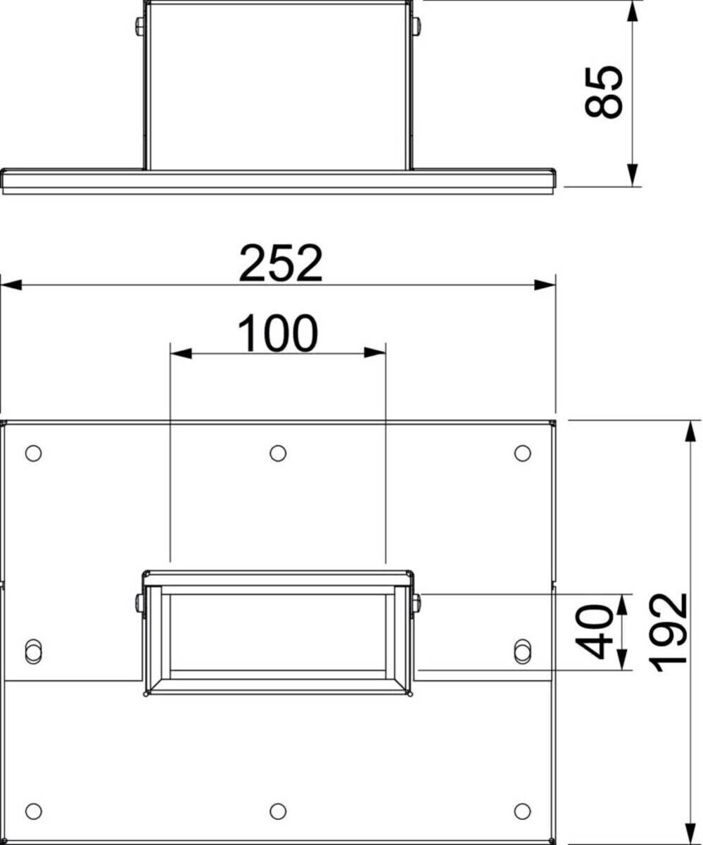 Technische Zeichnung mit Abmessungen einer Metallplatte mit rechteckiger Aussparung. Gesamtbreite beträgt 252 mm, Höhe 192 mm und Ausschnittbreite 100 mm.