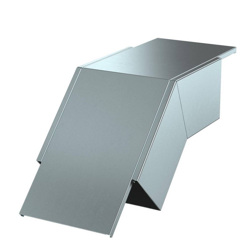 Eine metallische Lüftungshaube-Komponente mit abgewinkelten Paneelen, die für die Luftströmungssteuerung in HVAC-Systemen konzipiert ist.