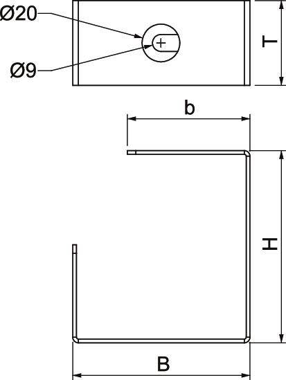 Technische Zeichnung einer Metallhalterung: eine Seite horizontal (b), die andere vertikal. Ø9 markiert ein Loch mit 9 mm Durchmesser.