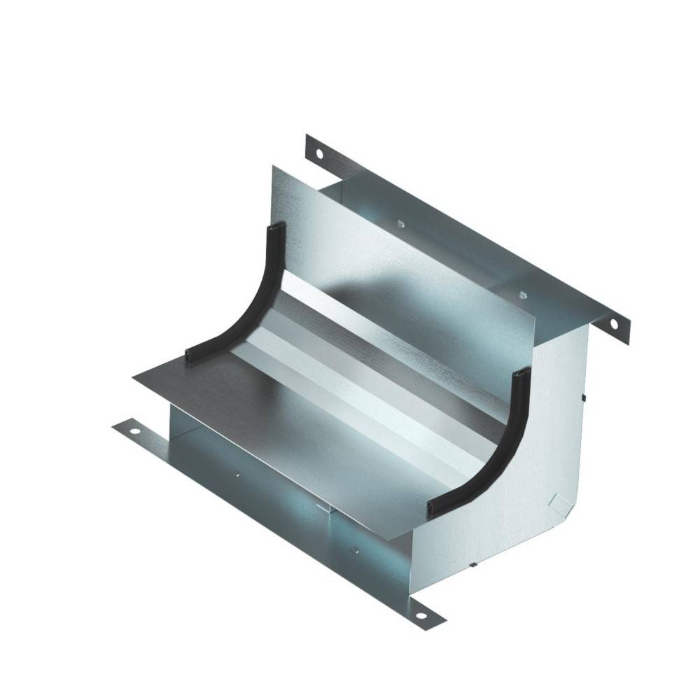 Metallische Rohrhalterung mit einer halbkreisförmigen Aufnahme und Befestigungsflansche an beiden Enden, konzipiert zur Befestigung von zylindrischen Lüftungskanälen.