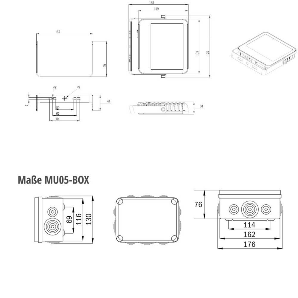 Technische Zeichnungen eines Gerätekastens mit Maßangaben in Millimetern. Obere Zeichnungen zeigen Seiten- und Draufsicht. Untere Diagramme detaillieren spezifische Maßangaben.