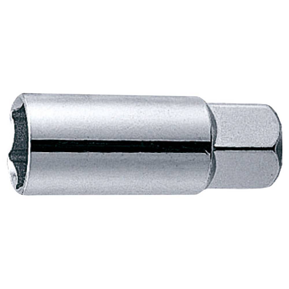 Ein glänzender Metallsechskant-Steckernippel, der zum Verbinden von Steckern verschiedener Größen mit einem Schraubenschlüssel verwendet wird, auf einem schlichten weißen Hintergrund.