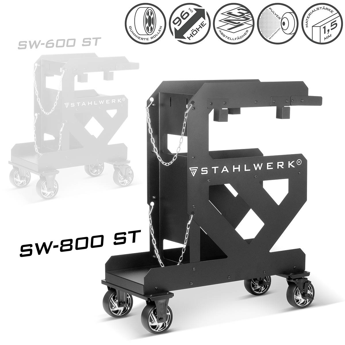 Schwarzer Schweißmaschinenwagen mit Laufrollen, beschriftet mit 'STAHWERK SW-800 ST'. Hervorgehobene Merkmale sind: kompaktes Design, robuste Konstruktion und Kettenhalterungen zum Sichern von Ausrüstung.