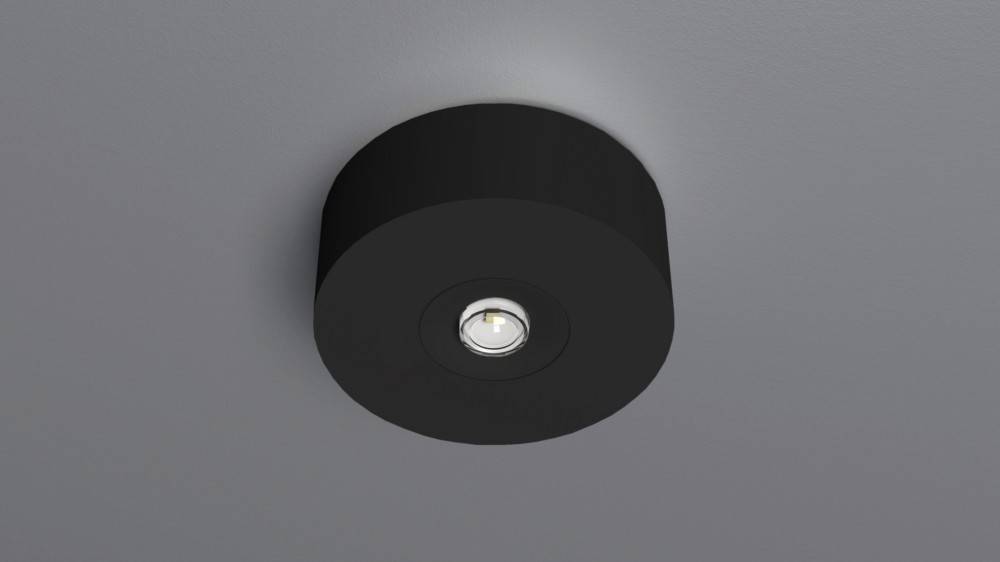 Eine schwarze, zylindrische Deckenleuchte mit einer einzelnen LED-Lampe, die in einem modernen Innenraum nach unten gerichtete Beleuchtung ausstrahlt.