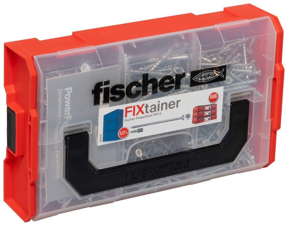 Eine durchsichtige Box mit der Aufschrift 'fischer FIXtainer' enthält verschiedene Schraubengrößen. Die Box verfügt über einen roten Deckel und einen schwarzen Griff.