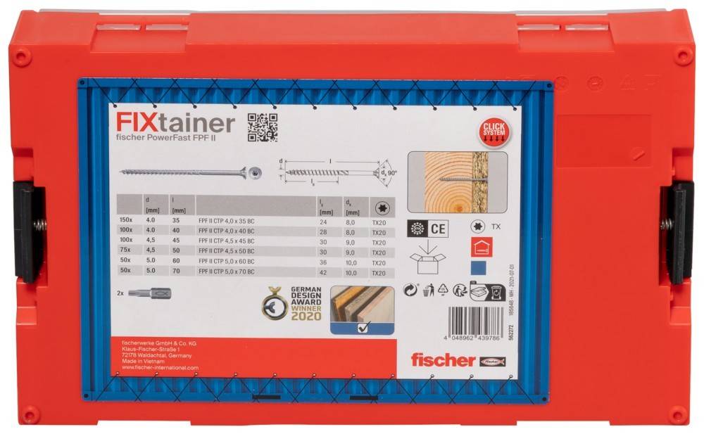 Rote Box mit der Beschriftung 'DHX tainer PowerFast FPF II' mit detaillierten Spezifikationen für Schrauben und Bohrer, auf der ein Design-Award-Abzeichen präsentiert wird.