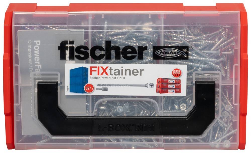 L-BOX Mini' beschriftete Kunststoffbox mit Schrauben, von Fischer als 'FIXtainer' gekennzeichnet, bestückt mit PowerFast FPF II, mit einem roten Werkzeugkastenaufdruck.