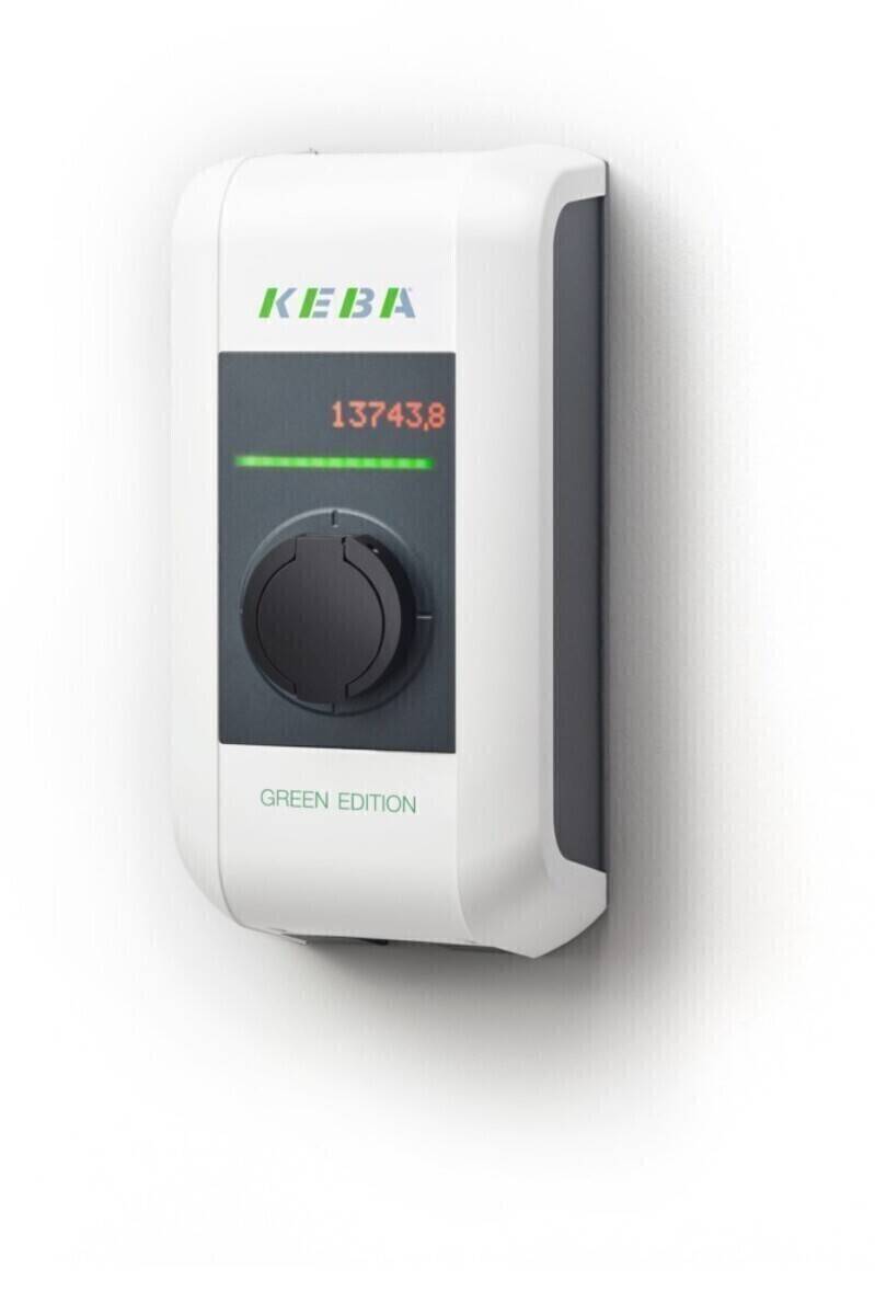 KEBA Wandladestation für Elektrofahrzeuge, zeigt '13743,8'. Enthält eine grüne LED-Anzeige und ist mit 'GREEN EDITION' gekennzeichnet.