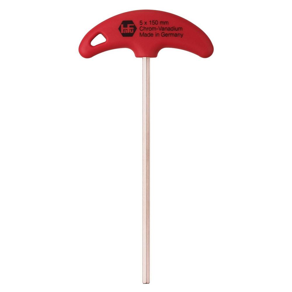 T-förmiges rot-griffiges Werkzeug mit der Beschriftung '5 x 150 mm Chrom-Vanadium Made in Germany', höchstwahrscheinlich ein Sechskantschlüssel oder Schraubendreher, vor weißem Hintergrund isoliert.