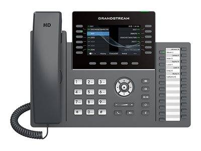 Ein schwarzes Büro-Tischtelefon mit einem HD-Hörer, einem digitalen Bildschirm, der Kontaktinformationen anzeigt, und einer Tastatur mit Navigationstasten.