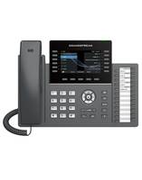 Ein Büro-Schreibtischtelefon mit digitalem Display, das Anrufoptionen und eine Tastatur zeigt, mit Hörer und Freisprecheinrichtung.