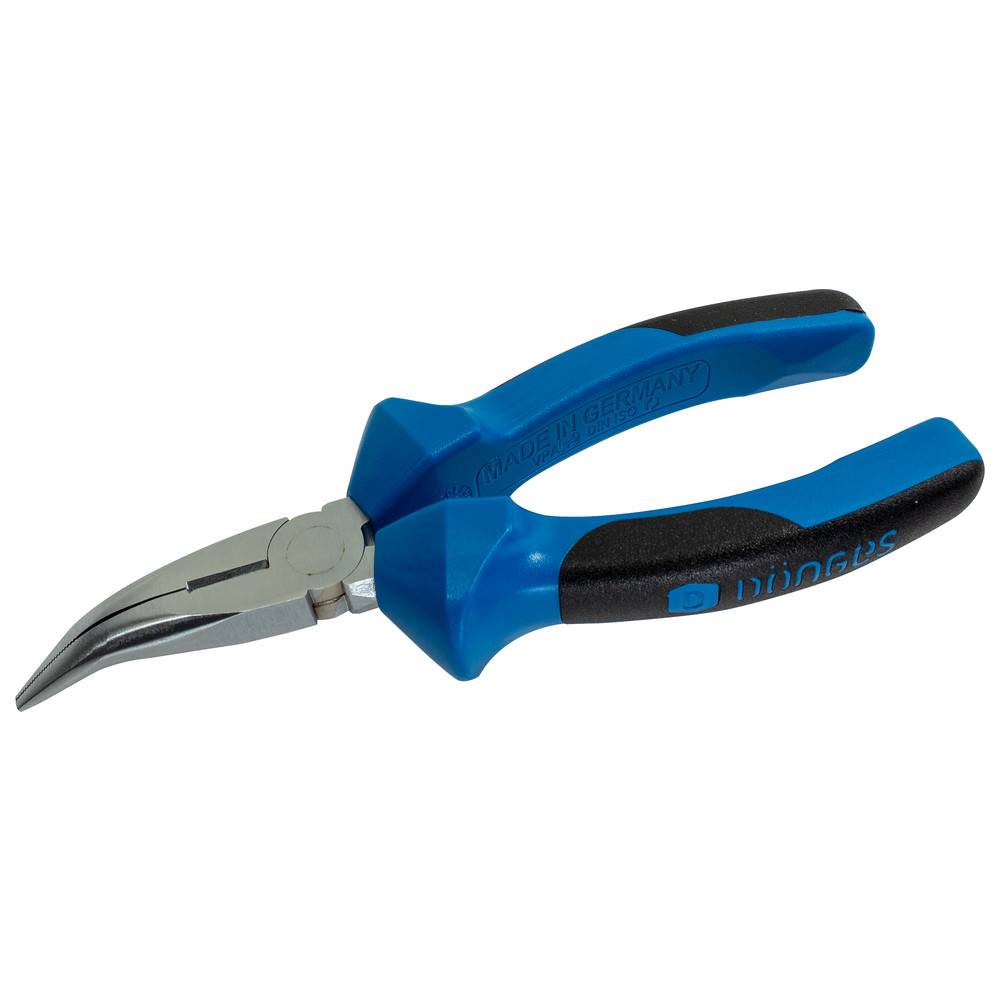 Nadelzange mit blauem Griff und metallischen Backen, entwickelt zum Greifen kleiner Objekte oder zum Biegen von Draht.