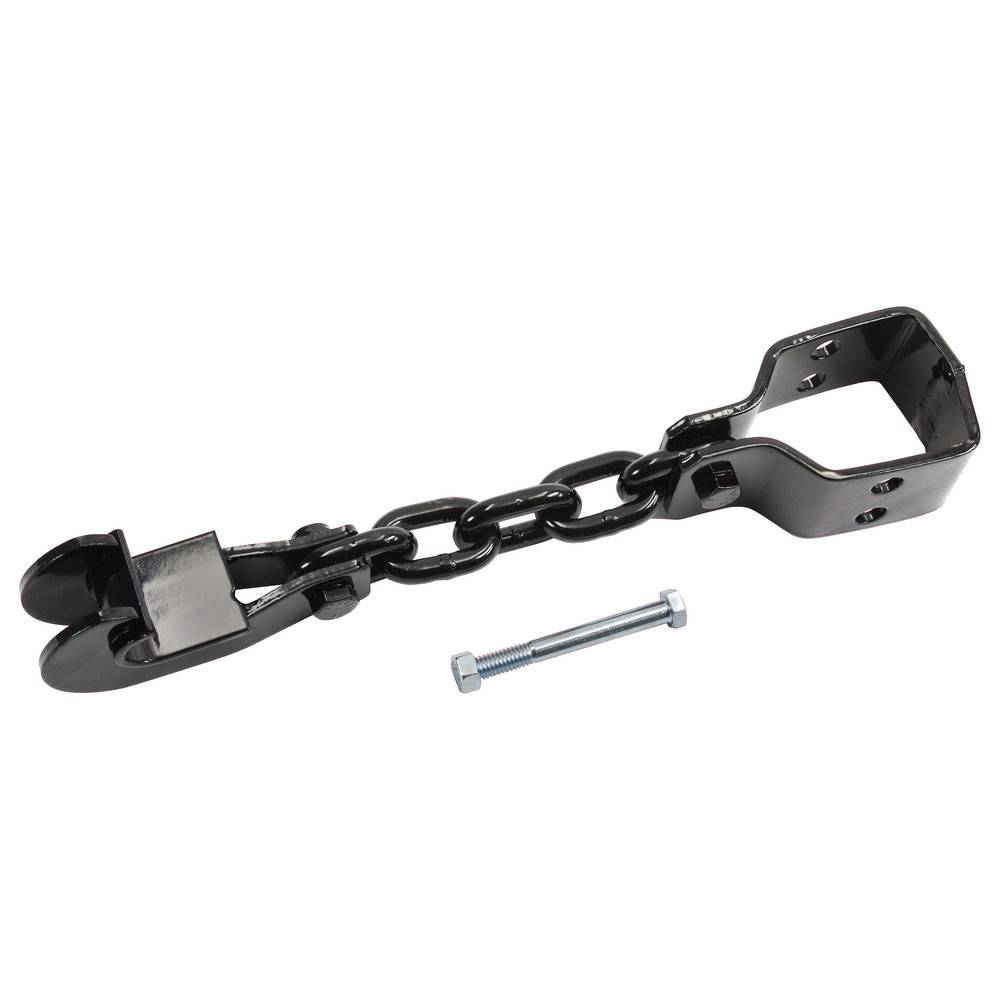 Eine schwarze Metallkette mit Halterungen und einem separaten Bolzen, die zum Sichern oder Zusammenschließen von Gegenständen verwendet wird.