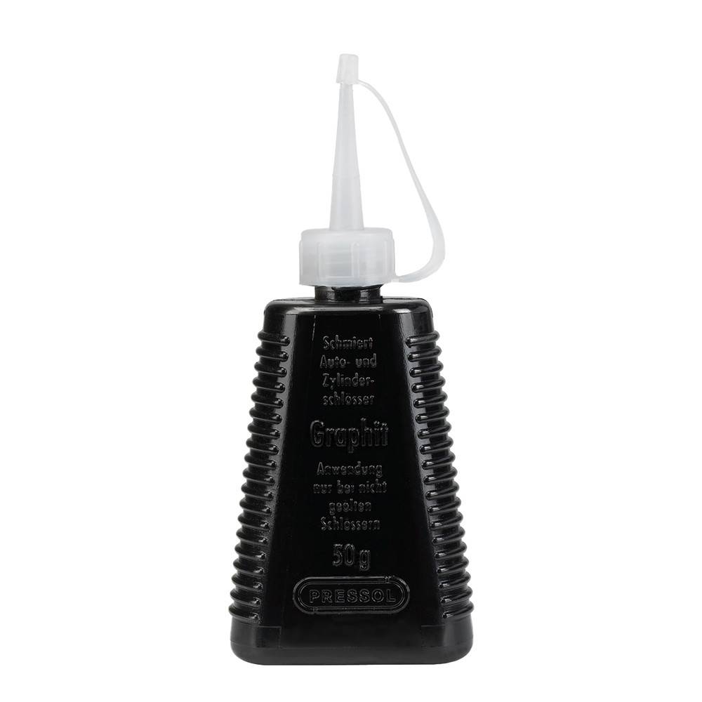 Eine schwarze, geriffelte Graphitschmierstoff-Flasche mit einer spitzen Ausgussöffnung und weißem Deckel, beschriftet mit 'Graphit 50g'. Verwendet für Schlösser und Zylinder.