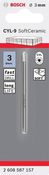 Ein Bohrer, gekennzeichnet mit '8mm' Durchmesser, 'schnelles BOHREN', 'lange LEBENSDAUER', mit Symbolen, die die Kompatibilität mit weichen Materialien anzeigen.