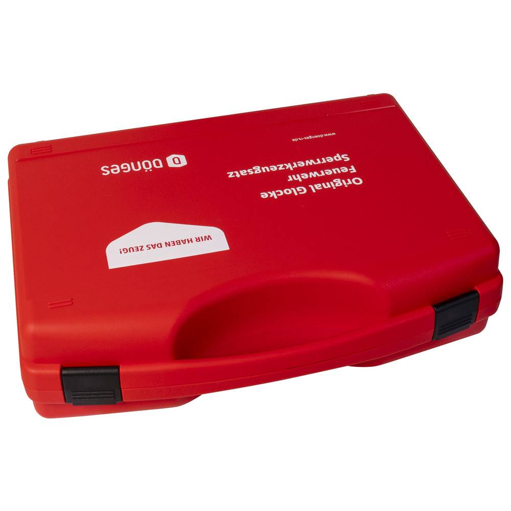 Ein roter Erste-Hilfe-Kasten mit 'Dönges'-Logo, beschriftet mit 'Office Lichte Feuerwerkzeugsatz' und 'With Rapid Data Zusatz'.