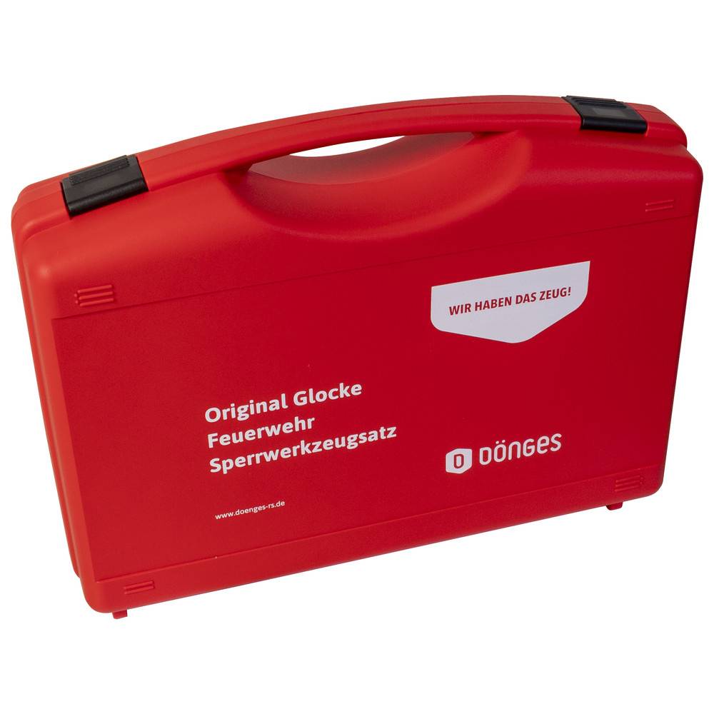 Ein roter Werkzeugkasten mit der Aufschrift „Original Glocke Feuerwehr Sperrwerkzeugsatz