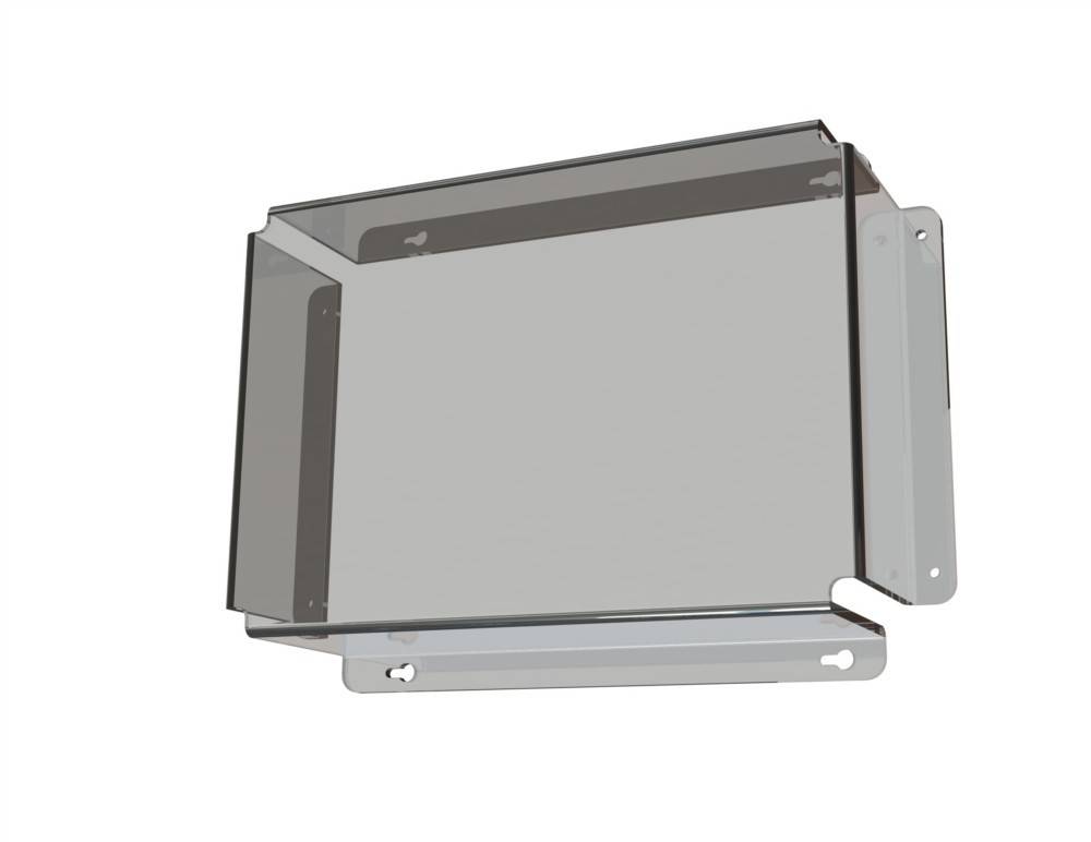 Eine transparente, wandmontierte Vitrine mit offener Vorderseite und sicheren Halterungen, geeignet zum Ausstellen und Schützen von Gegenständen in Innenräumen.